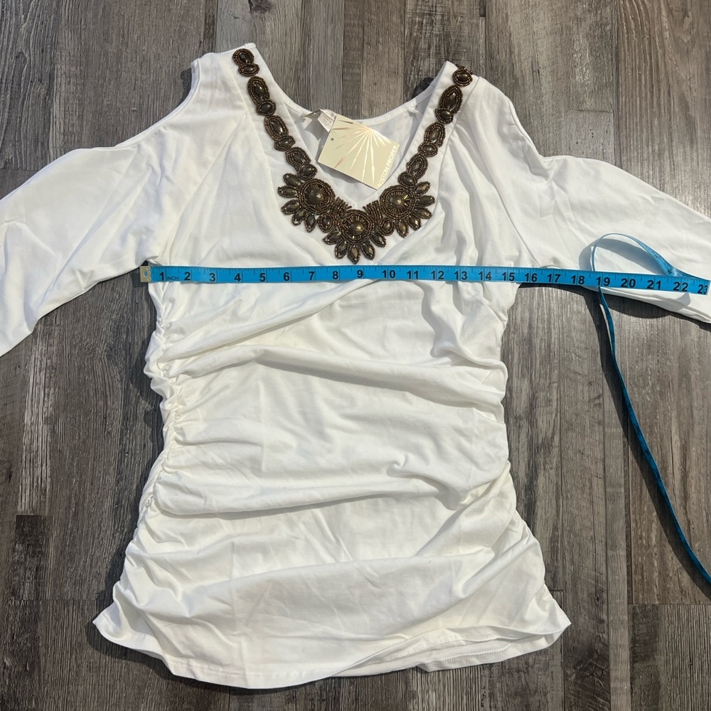 Boston Proper Embellished 3/4 sleeve top Cold Shoulder White with embellishments - Picture 8 of 9